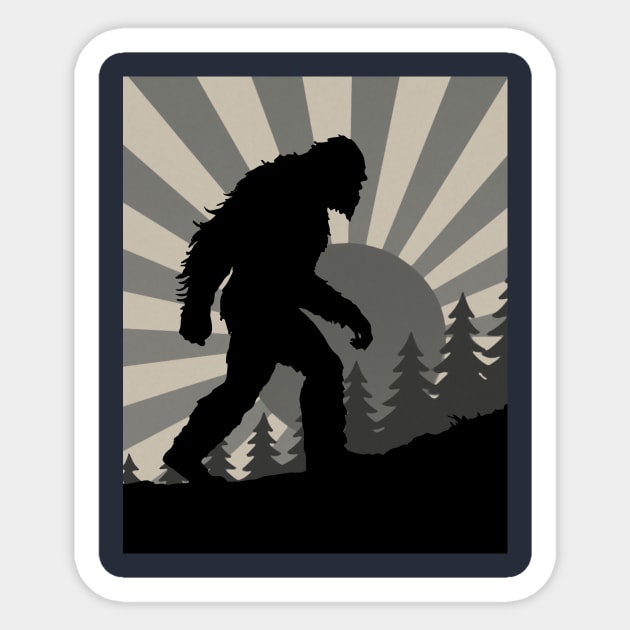 Retro Bigfoot Walking Silhouette in Vintage Grayscale Forest Scene  📝 Description: Sticker by DonWillisJrArt